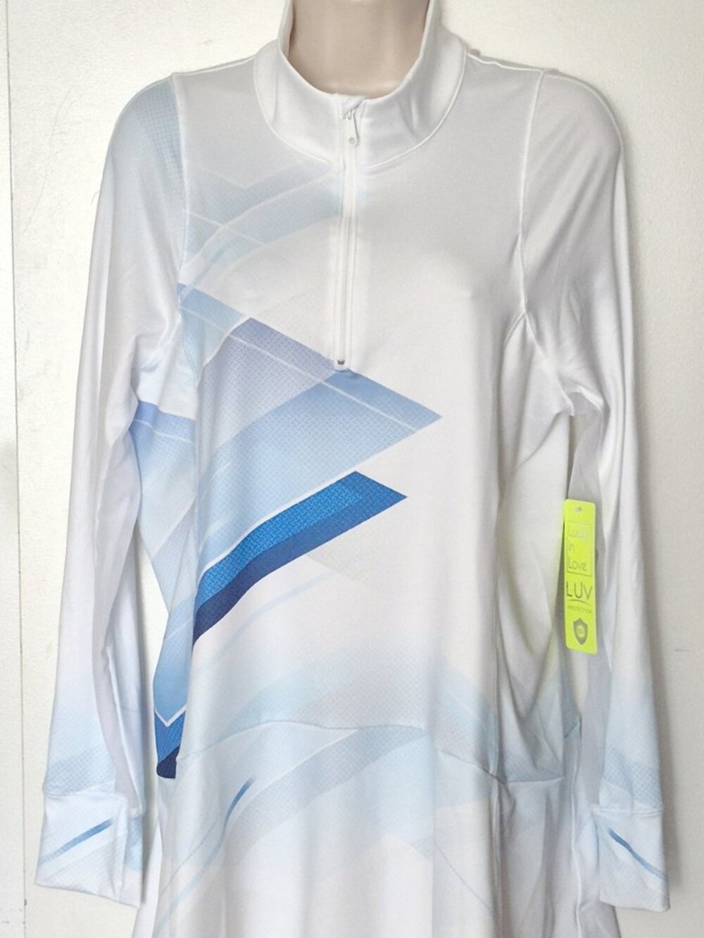 Lucky In Love Stretch Mini Dress Long Sleeves White Blue Combo Size M NWT